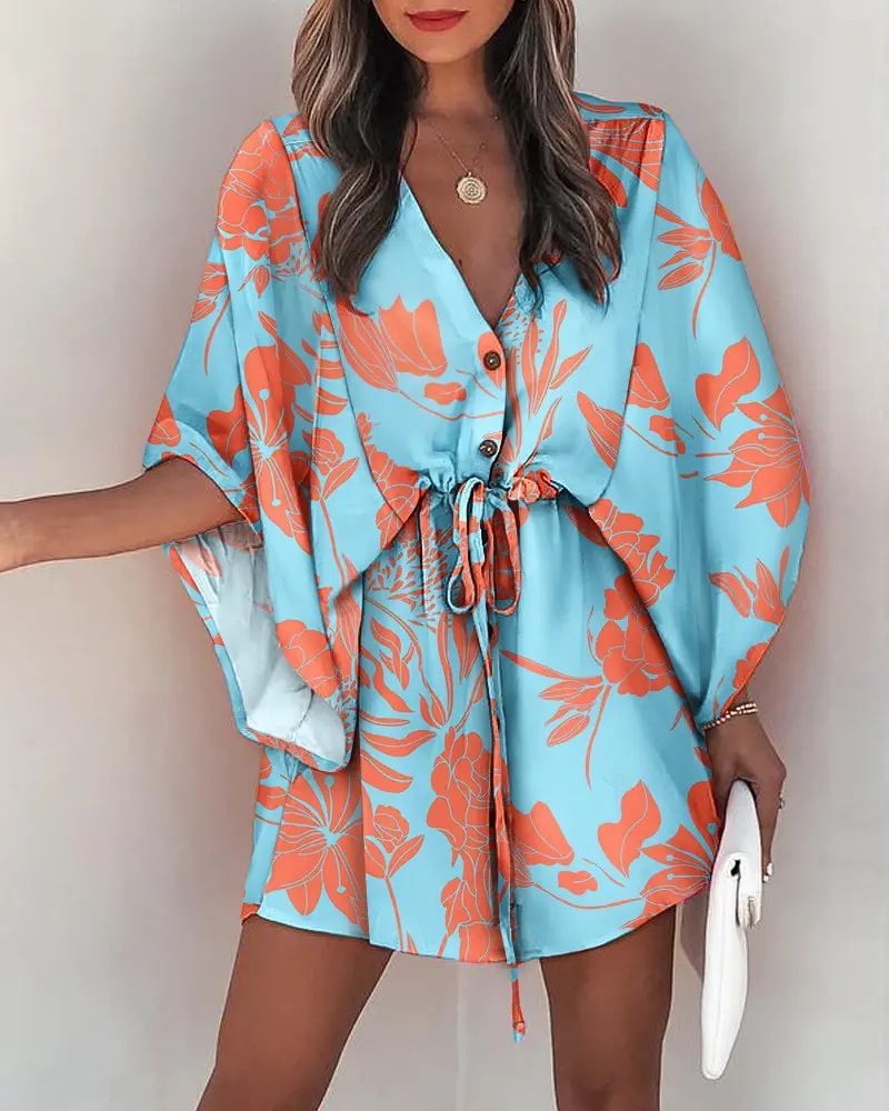 2023 Cross-border European and American Summer Flutter Sleeve A-line Dress Wish Amazon V-neck Tie-up Casual Vacation Short Dress - Image 6