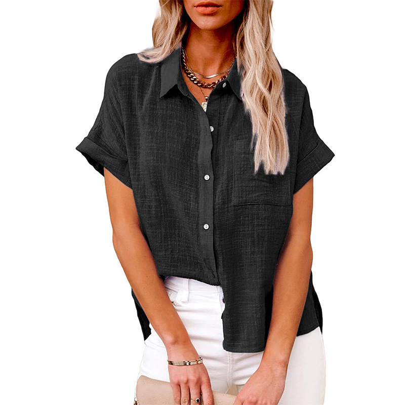 Amazon wish2022 summer new European and American cross-border women's solid color linen shirt short-sleeved casual loose shirt - Image 13