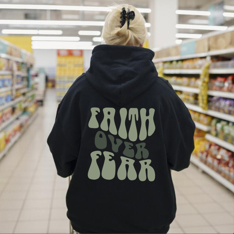 Foreign trade women's velvet sweatshirt plain letter print kangaroo pocket drawstring print hoodie - Image 7