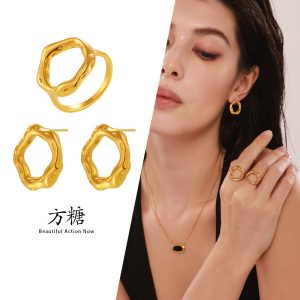 Sugar cube personalized minimalist geometric irregular earrings and rings, stainless steel gold-plated jewelry for women, colorfast.