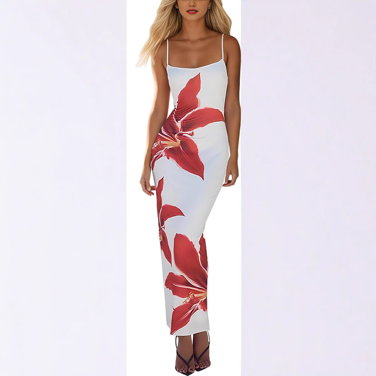 2025 autumn new elegant temperament tight low-cut contrast color rose print design one-step suspender dress - Image 3