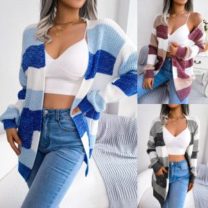 Real photos of European and American style autumn/winter color-blocked striped lantern sleeve casual cardigan sweater coat - Amazon cross-border women's clothing