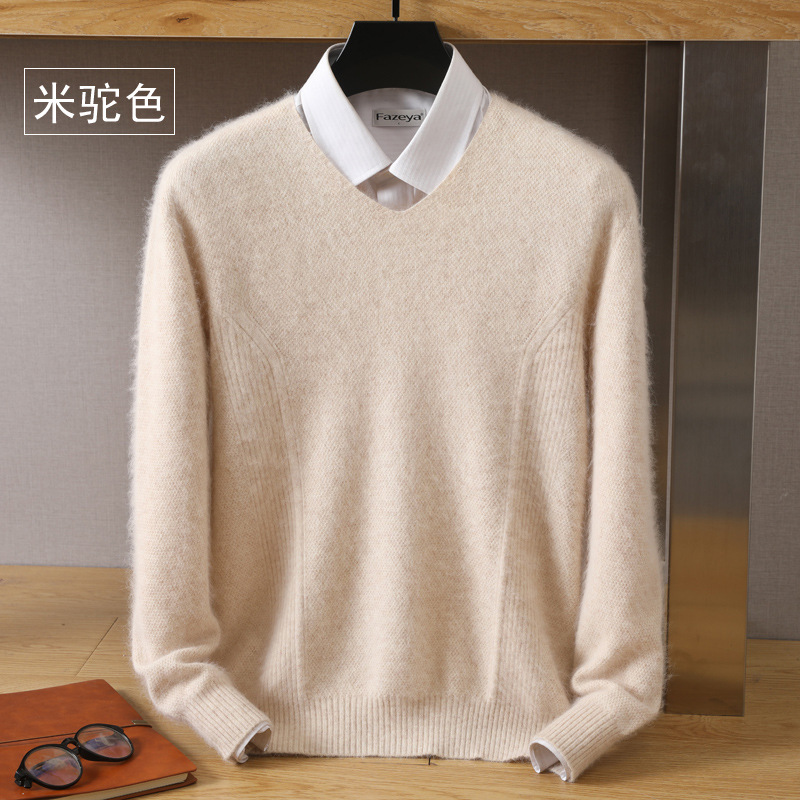Autumn and winter new men's V-neck loose pullover solid color mink velvet base sweater knitted sweater inner top wool sweater - Image 6