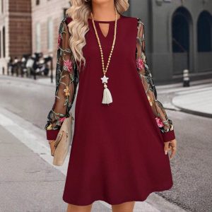 European and American export women's clothing AliExpress 2024 Spring/Summer new round neck lace long sleeve dress