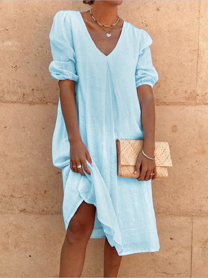 2024 Amazon Wish Cotton Linen Solid Color Mid-Length Sleeve Casual Mid-Length Dress, Elegant Commuter Style, Full Swing - Image 6