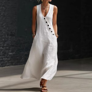 In stock Amazon summer cross-border V-neck sleeveless diagonal button vest dress long women's vacation casual dress