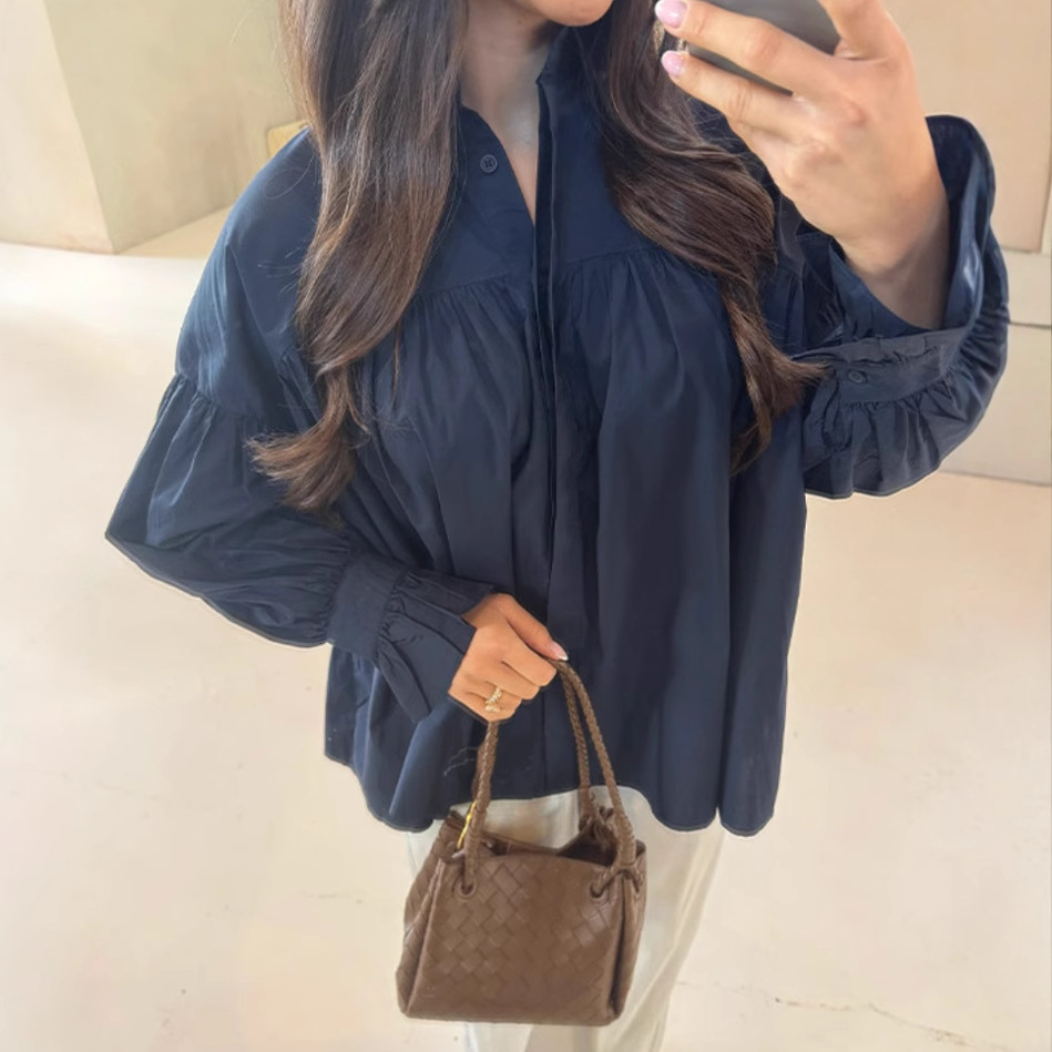 European and American style cross-border foreign trade women's clothing 2025 fashion poplin two-color drop shoulder lantern long sleeve loose single-breasted shirt - Image 5