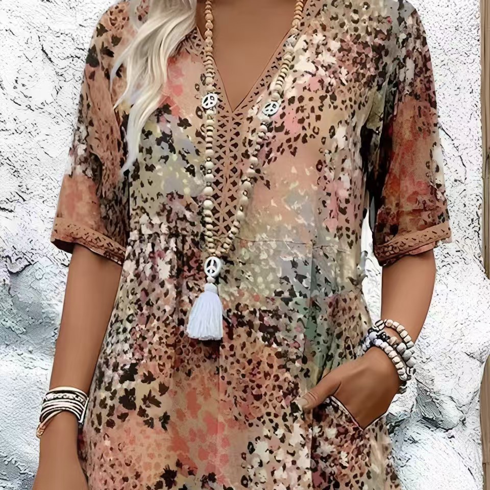 Amazon 2025 European and American new printed summer V-neck casual vacation pocket dress home clothes foreign trade women - Image 2