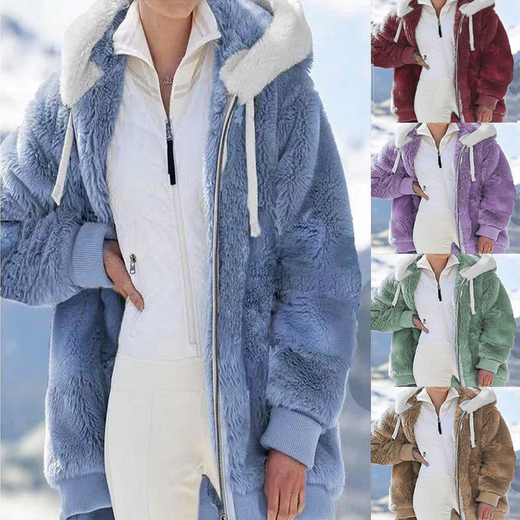 Spot wish independent station 2025 Amazon hot sale new autumn and winter loose plush zipper hooded jacket for women