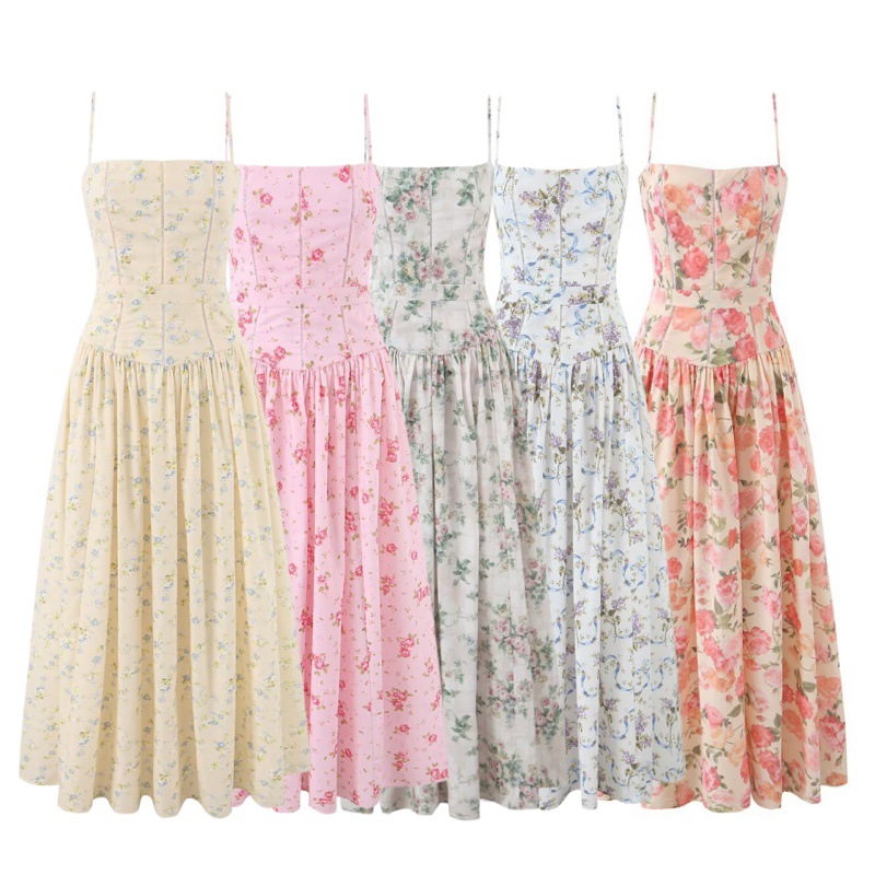House style, wholesale export, French fresh and gentle vacation style floral maxi dress with waist-cinching suspenders - Image 5
