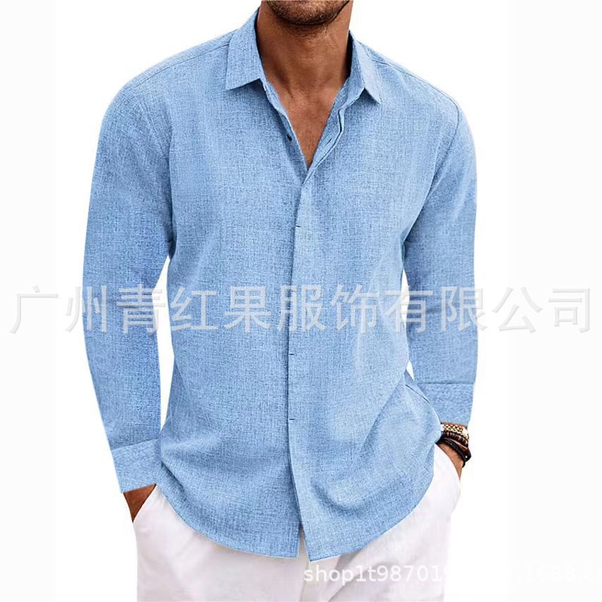 Men's linen long-sleeved T-shirt loose sweatshirt solid color long-sleeved cotton and linen shirt men's large size men's shirt - Image 3