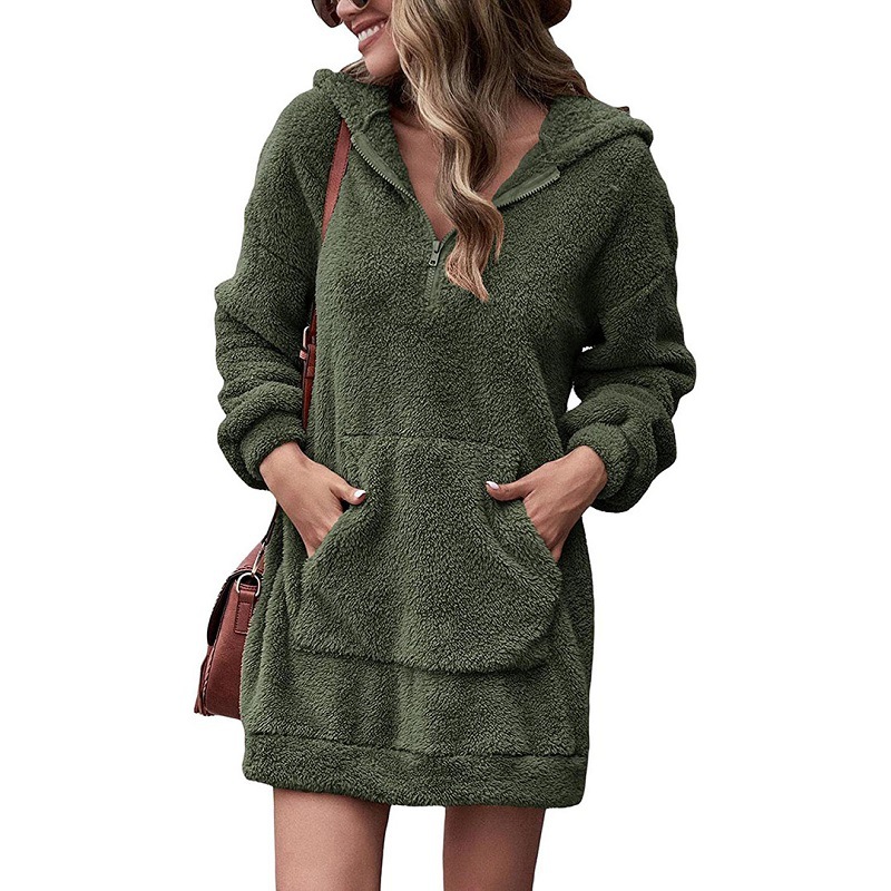 2023 new European and American cross-border autumn and winter women's clothing double-sided fleece hooded loose zipper plush pocket sweater jacket - Image 6