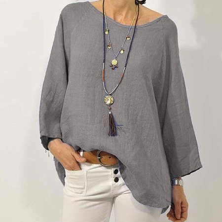 In stock 2023 cross-border European and American foreign trade women's clothing top, solid color cotton linen round neck raglan sleeve three-quarter sleeve women's shirt - Image 2