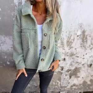 2024 European and American cross-border autumn and winter new lambskin patch pocket single row casual cardigan jacket for women ~ Independent station fast sale