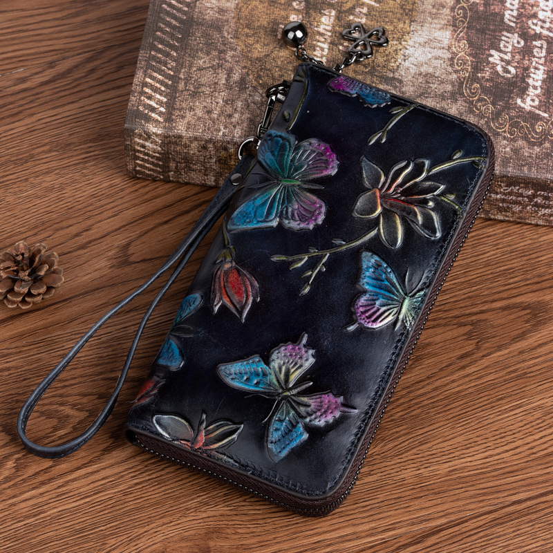2025 new top layer cowhide handbag women's Chinese style embossed rubbed color long wallet fashion retro clutch bag - Image 2