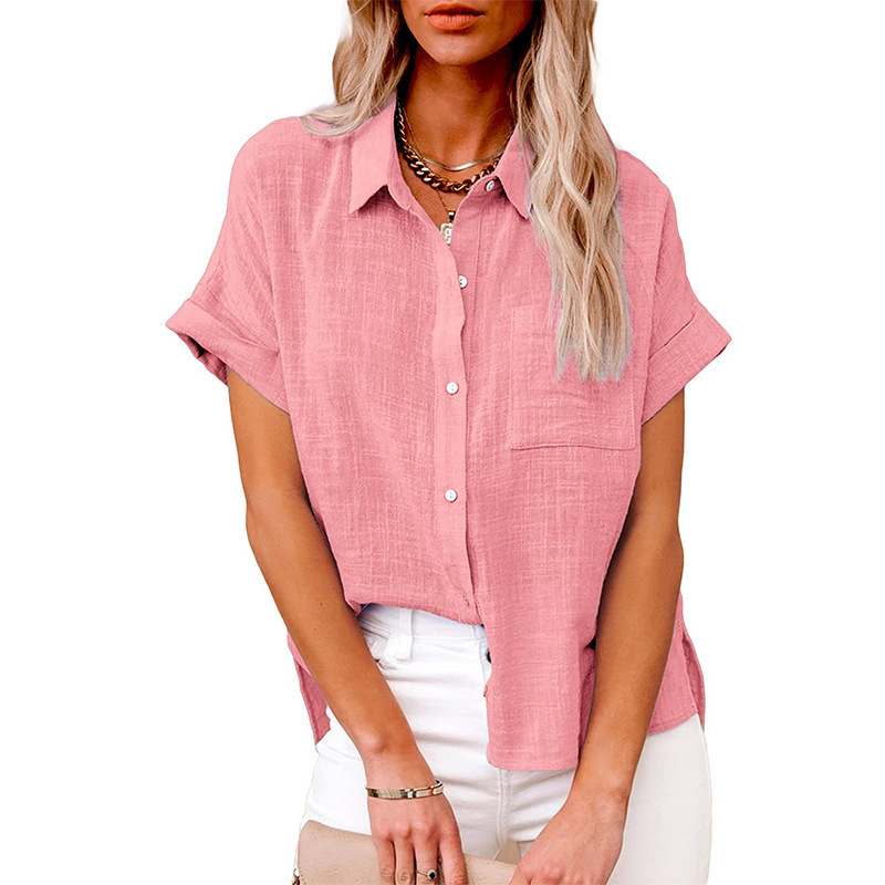 Amazon wish2022 summer new European and American cross-border women's solid color linen shirt short-sleeved casual loose shirt - Image 7