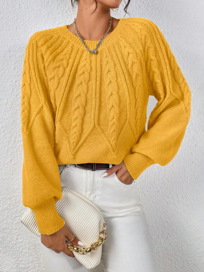 Amazon pullover crew neck knit sweater, cross-border foreign trade, long-sleeved cable knit solid color autumn and winter versatile knit top for women - Image 11