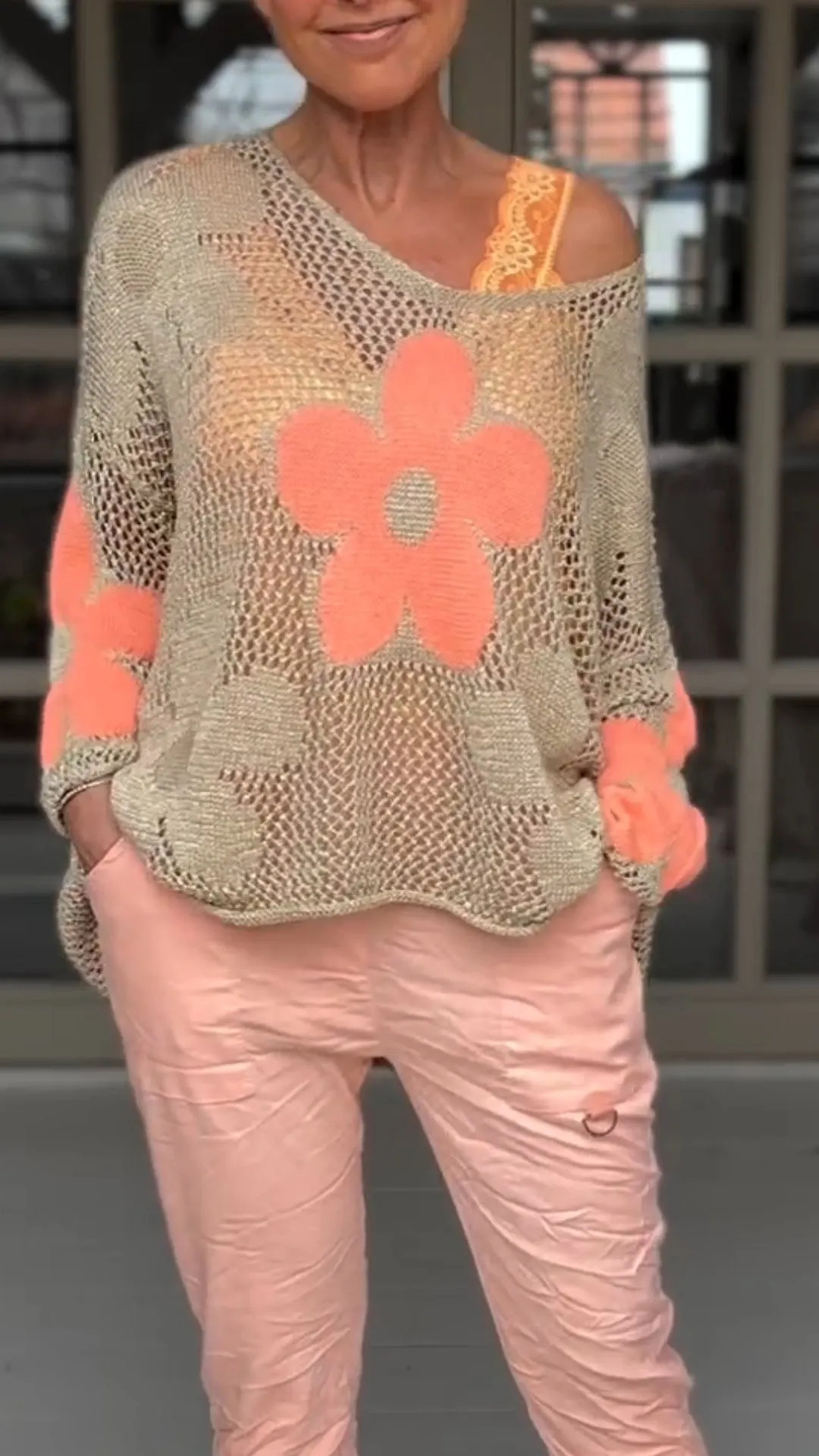 Spot 2024 Spring and Summer New Floral Knitted Hollow V-neck Shirt Flower Grid Knitted Sweater - Image 8