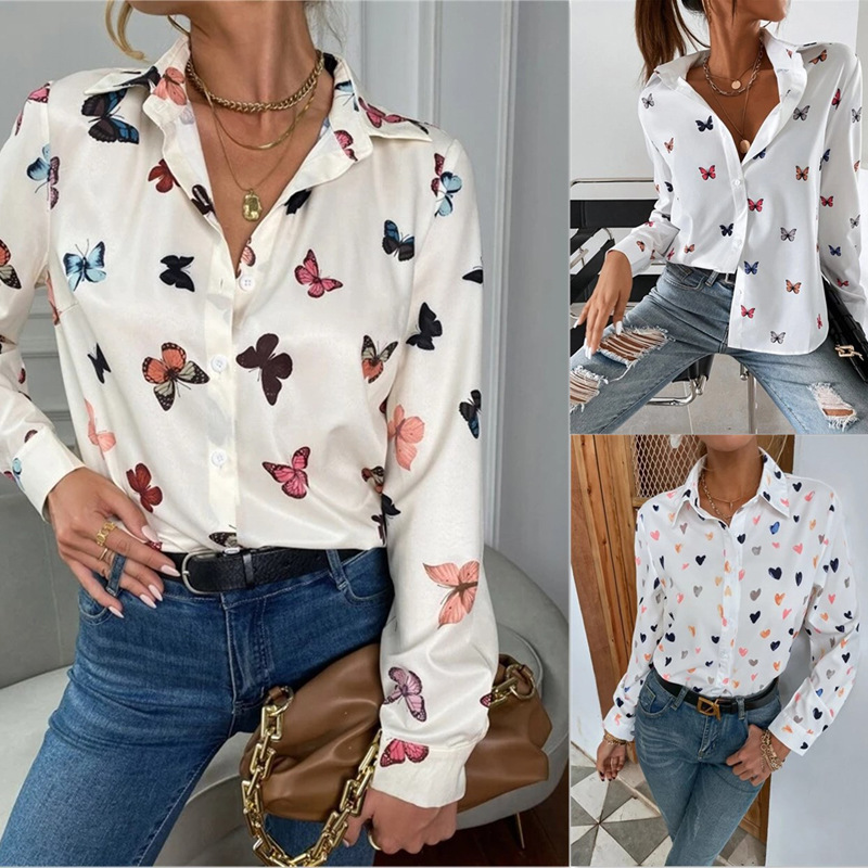 Women's Fashion Printed Long-Sleeved Shirt with Butterfly Print Collar, Available on AliExpress for European and American Exports