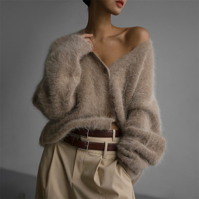 2025 Cross-border European and American Foreign Trade Faux Mink Fur Knitted Cardigan Women's Lazy Style Loose Soft V-neck Sweater Coat - Image 7