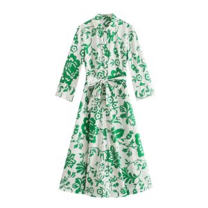 Cross-border foreign trade European and American women's clothing wholesale 2022 summer new shirt dress printed with belt cardigan dress long dress
