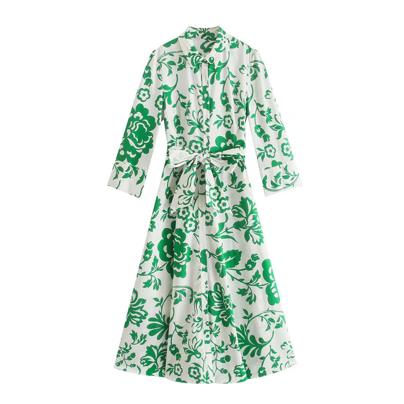 Cross-border foreign trade European and American women's clothing wholesale 2022 summer new shirt dress printed with belt cardigan dress long dress