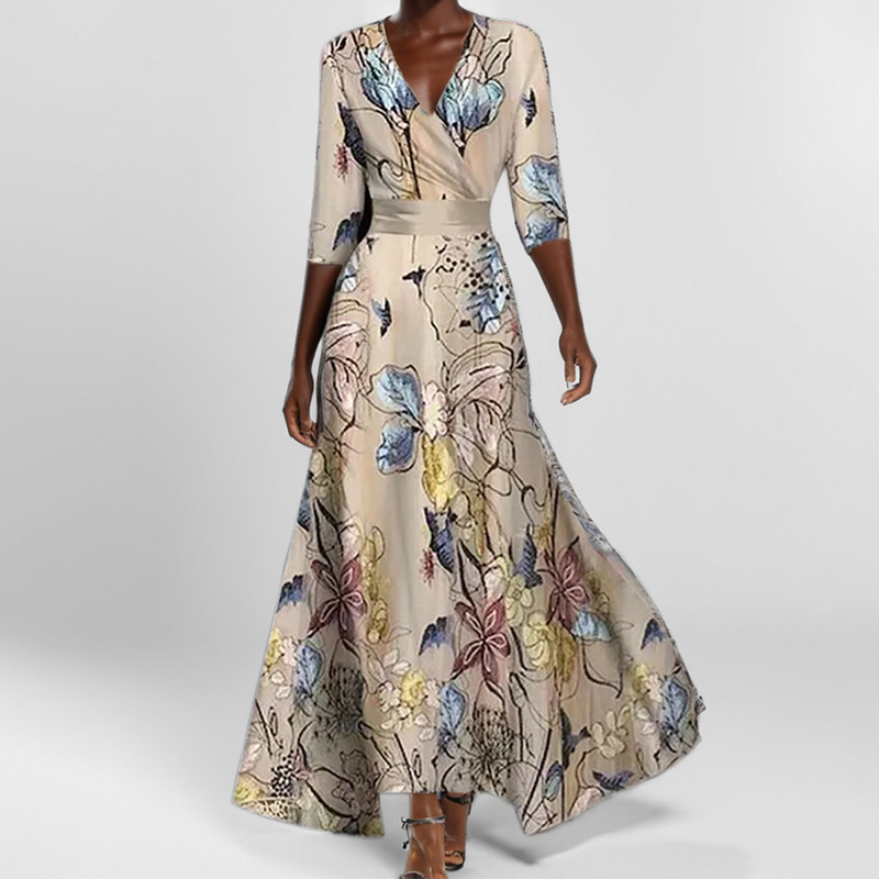 European and American style 2025 new women's fashion, elegant V-neck short-sleeved printed waist-cinching long dress - Image 6