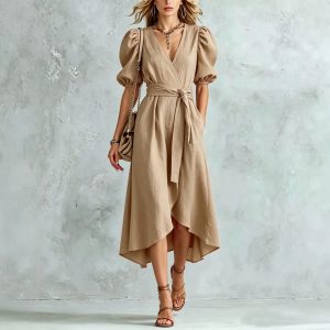 Amazon European and American cross-border fashion V-neck waist tie waist puff sleeve irregular dress women's dress