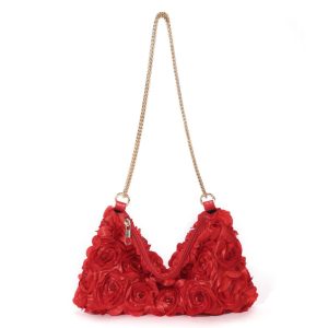 Spot European and American cross-border niche three-dimensional rose flower sequin satin chain zipper underarm crescent female evening bag