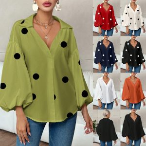 2025 New Cross-Border Amazon Style Niche Chic French Polka Dot Half-Open Collar Loose Puff Long-Sleeve Top