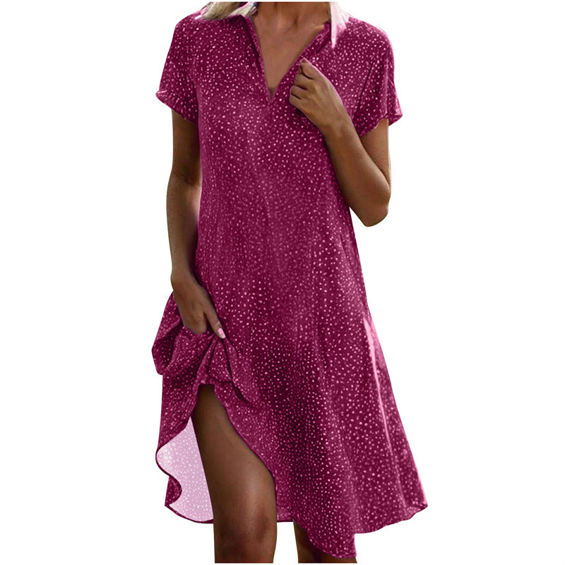 New European and American cross-border trade summer long dress, casual loose V-neck short-sleeved printed polka dot shirt dress for women. - Image 9