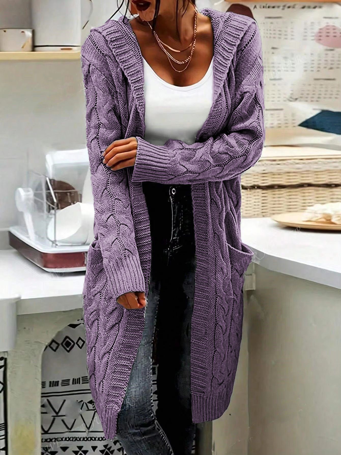 New cross-border e-commerce product, European and American foreign trade, Amazon, solid color loose knitted cardigan, chunky cable knit mid-length sweater coat for women. - Image 22