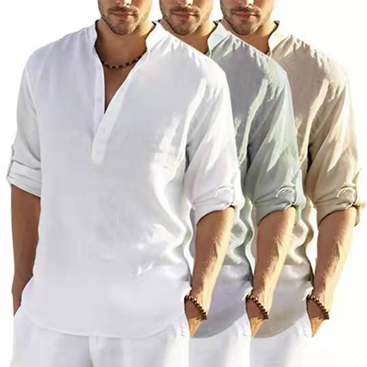 2022 foreign trade men's linen long-sleeved T-shirt loose undershirt solid color long-sleeved cotton and linen shirt men's large size dropshipping - Image 10