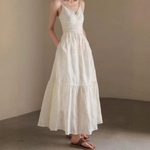 Off-White V-Neck Dress with Embroidery and Spaghetti Straps