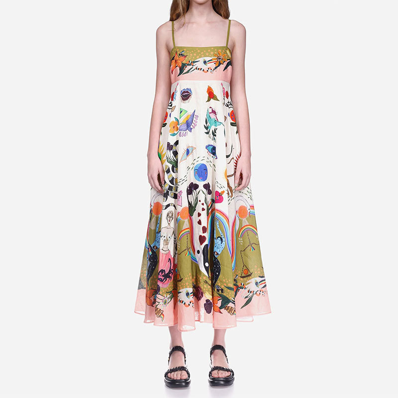 Cross-border European and American 2026 Summer Independent Store Elegant Printed Sleeveless High-Waisted Full Swing Suspender Dress - Image 4