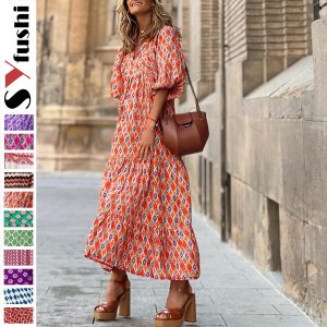 Cross-border European and American plus-size ladies loose-fitting Bohemian round-neck lantern-sleeve sweet girl dress