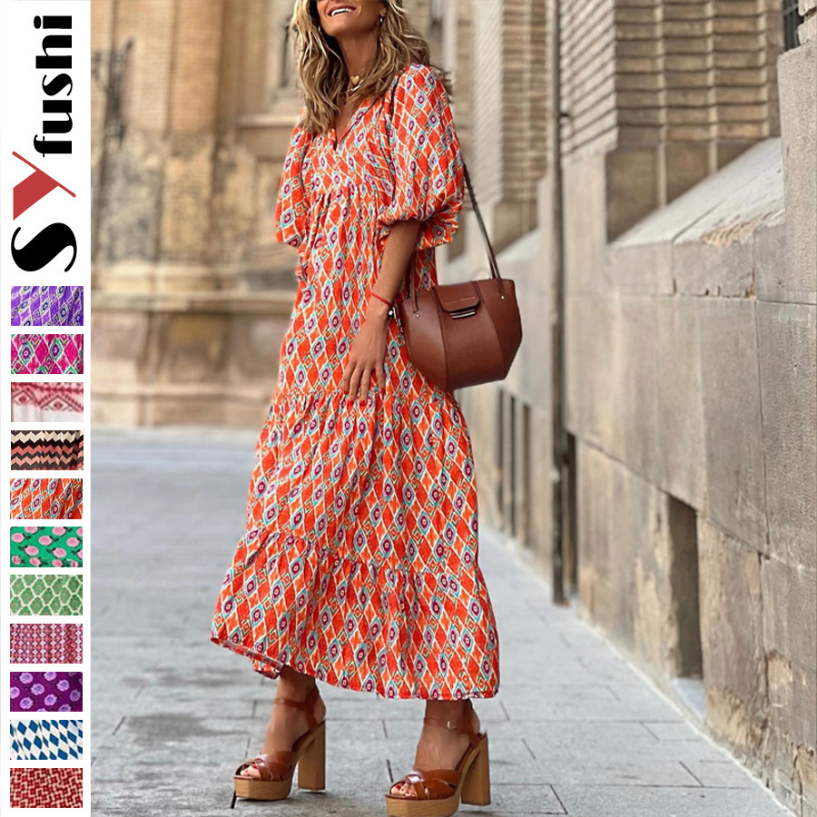 Cross-border European and American plus-size ladies loose-fitting Bohemian round-neck lantern-sleeve sweet girl dress
