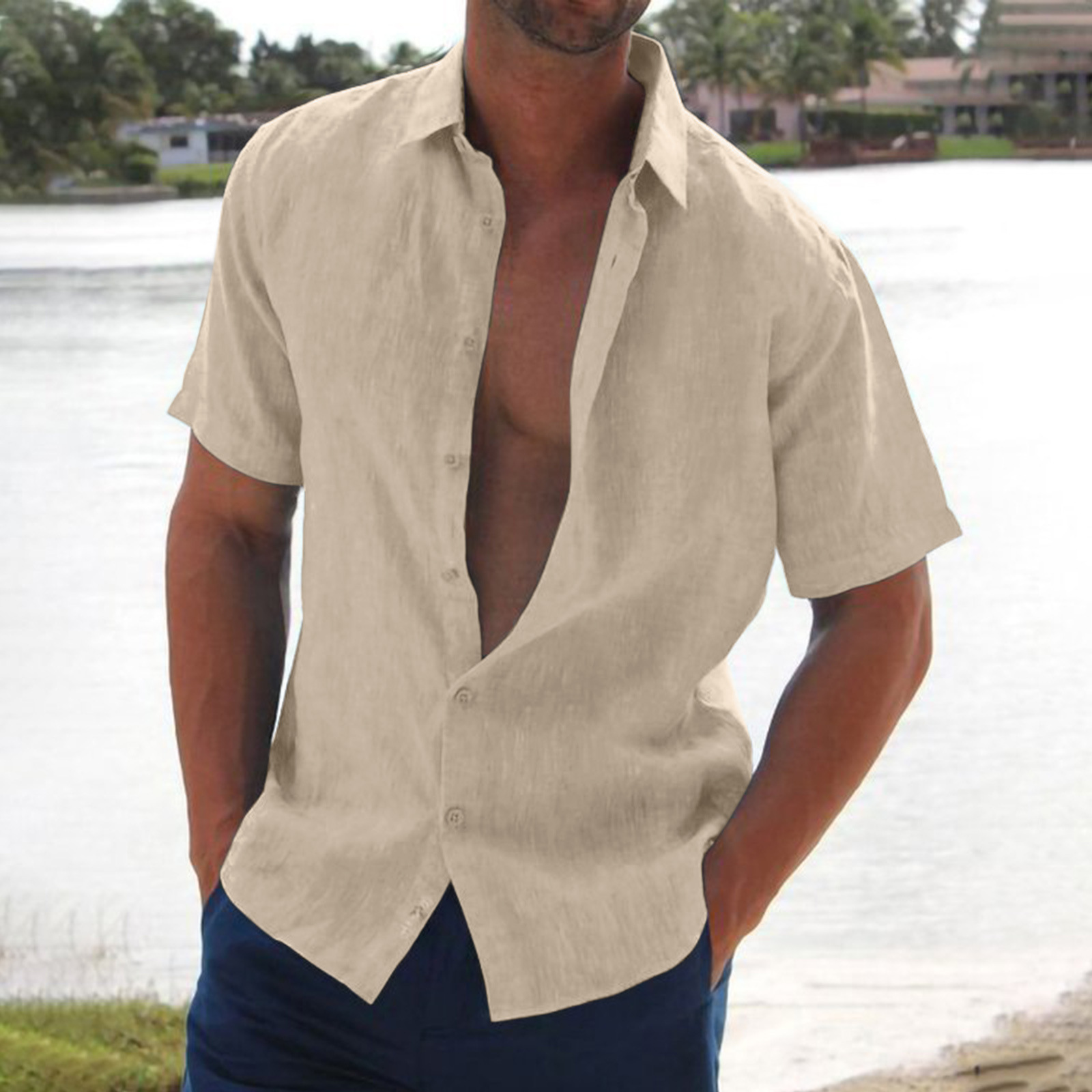 2022 Amazon ebay AliExpress Summer lapel solid color short-sleeved men's linen shirt men's clothing - Image 5