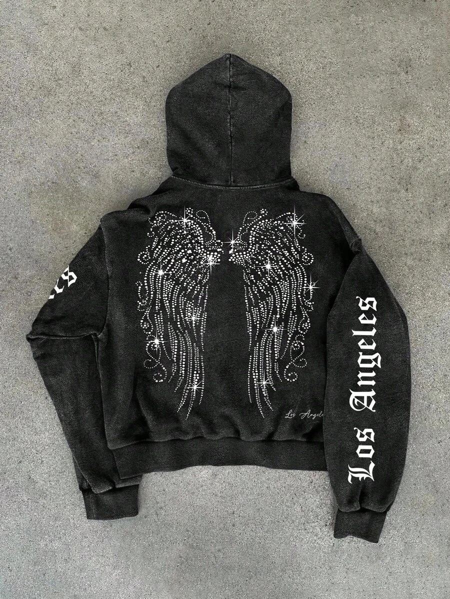 New American-style trendy angel wings rhinestone print loose fit zip-up hooded sweatshirt for men and women - Image 3