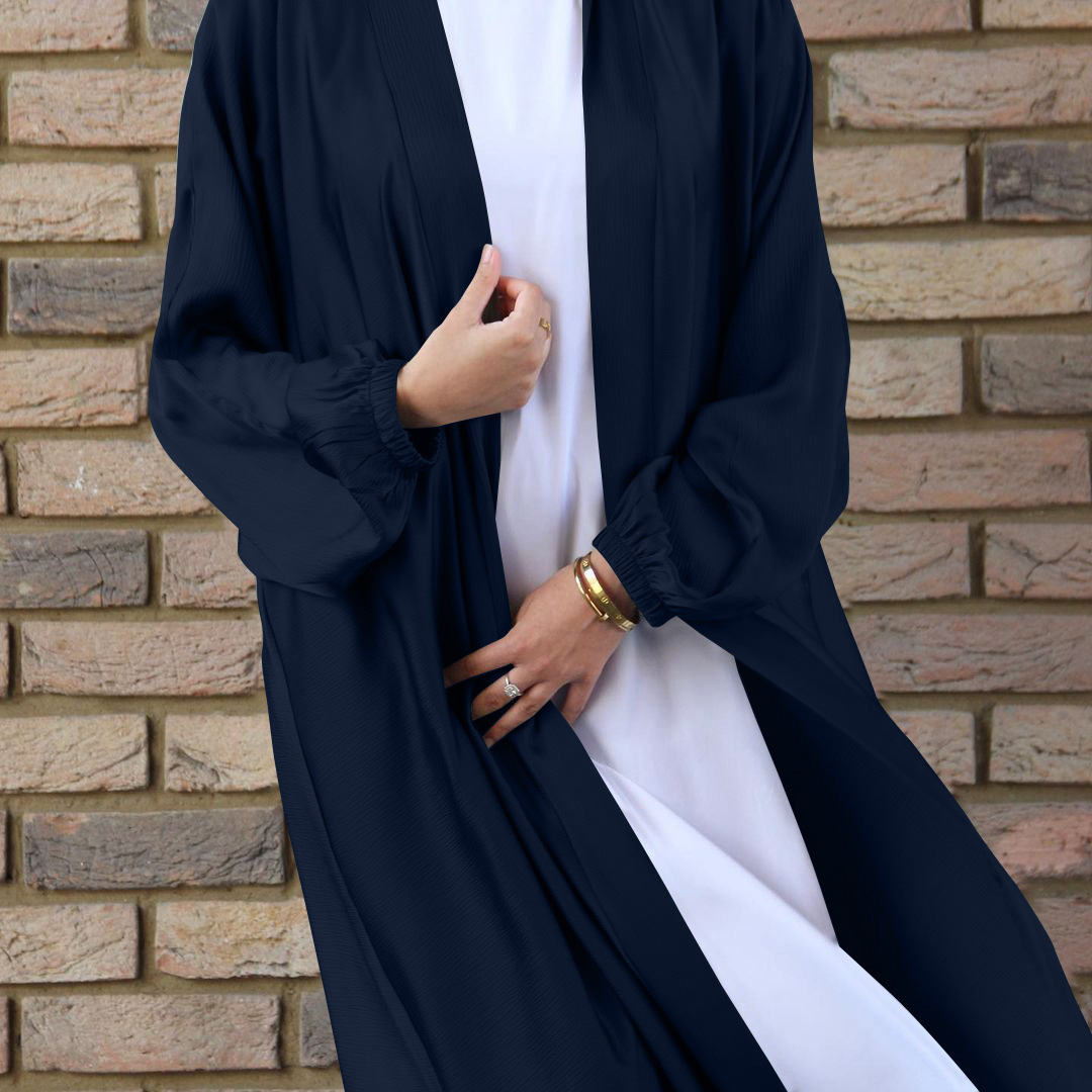 Spot cross-border European and American Muslim women's bubble satin cardigan robe Middle East Dubai long-sleeved dress Muslim - Image 7