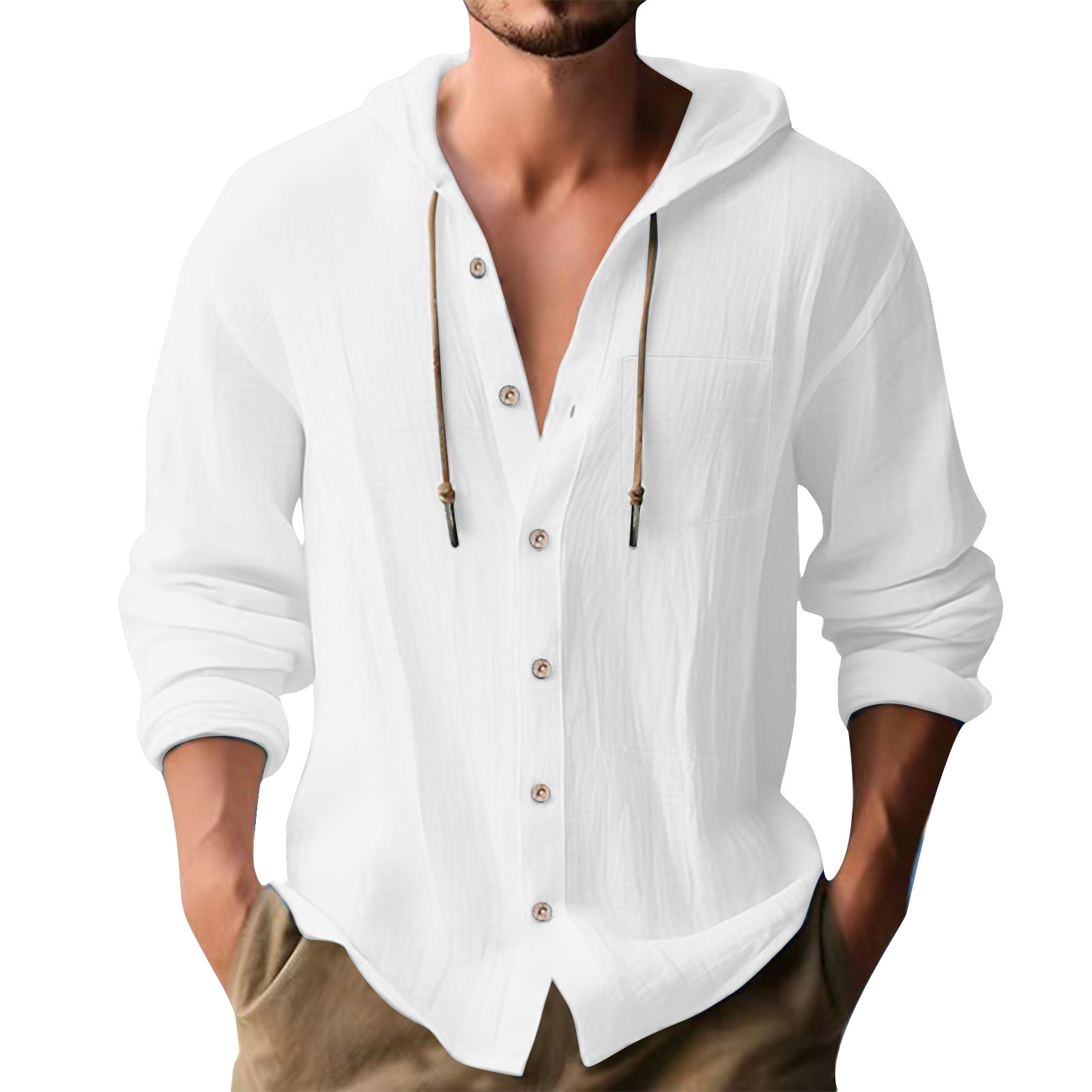 Cross-border European and American 2025 New Hot Selling Sports Trendy Hooded T-shirt Solid Color Cotton Linen Casual Long Sleeve Men's Shirt - Image 17