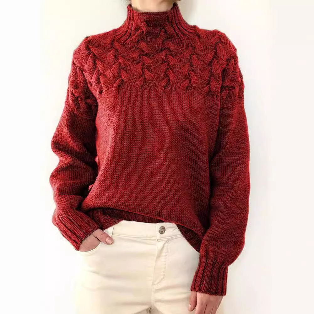 2026 Amazon Cross-Border New Women's Clothing Independent Site eBay Fashion Cable Braid Details High Neck Long Sleeve Sweater - Image 2