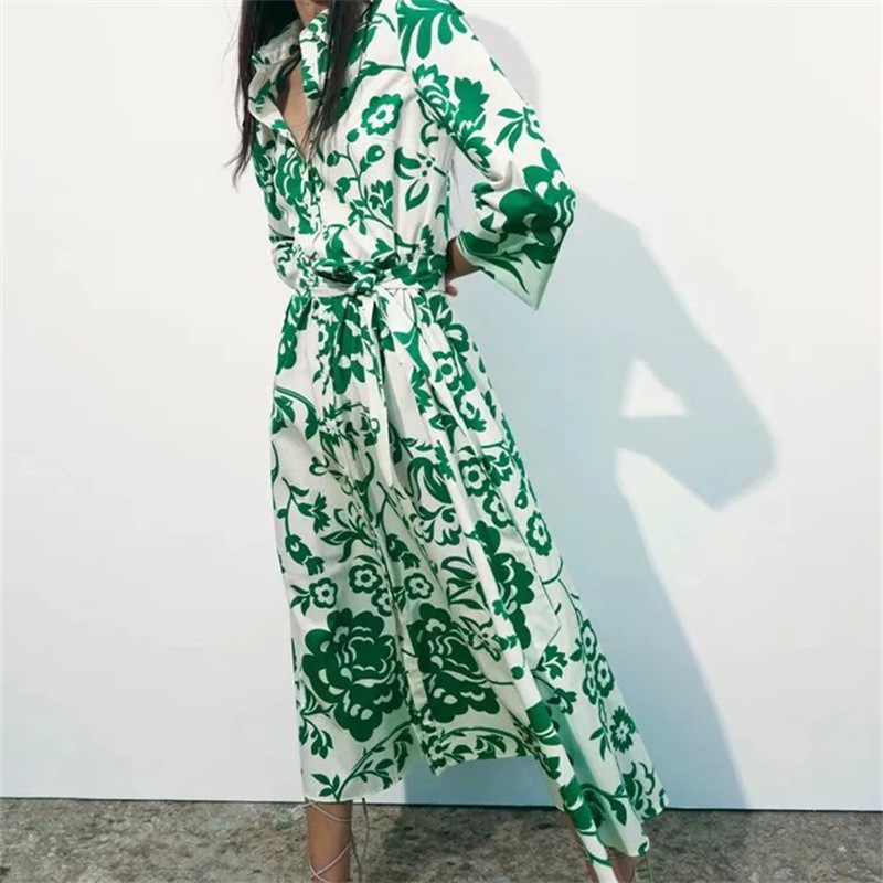 Cross-border foreign trade European and American women's clothing wholesale 2022 summer new shirt dress printed with belt cardigan dress long dress - Image 3