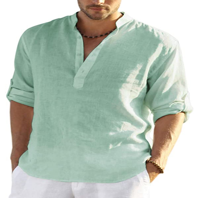 2022 foreign trade men's linen long-sleeved T-shirt loose undershirt solid color long-sleeved cotton and linen shirt men's large size dropshipping - Image 3