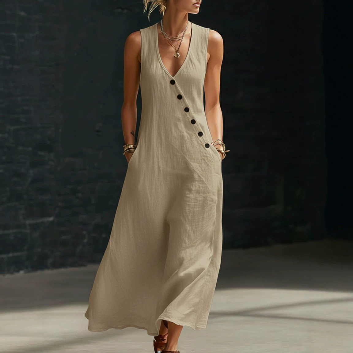 In stock Amazon summer cross-border V-neck sleeveless diagonal button vest dress long women's vacation casual dress - Image 2