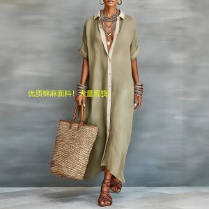 2026 New Amazon European and American Women's Clothing Color Block Loose Cotton Linen Long Shirt Dress Fashion Casual Dress