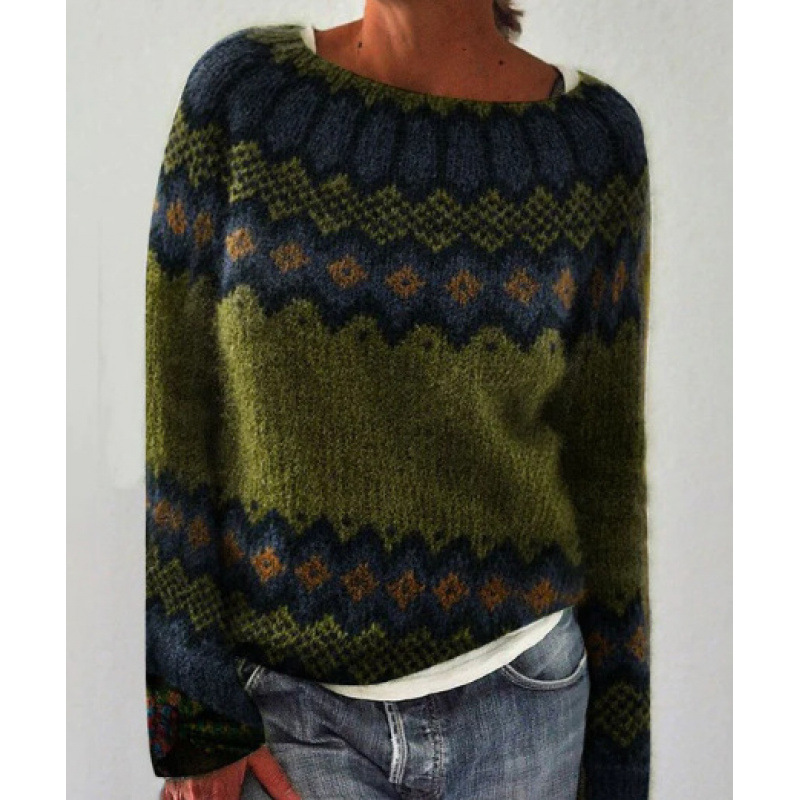 Amazon European and American new sweater women wish hot sale round neck color matching loose fashion pullover sweater - Image 9