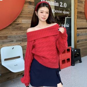 Women's Red Off-Shoulder Cable-Knit Sweater