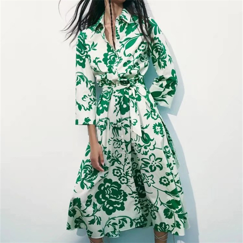 Cross-border foreign trade European and American women's clothing wholesale 2022 summer new shirt dress printed with belt cardigan dress long dress - Image 4