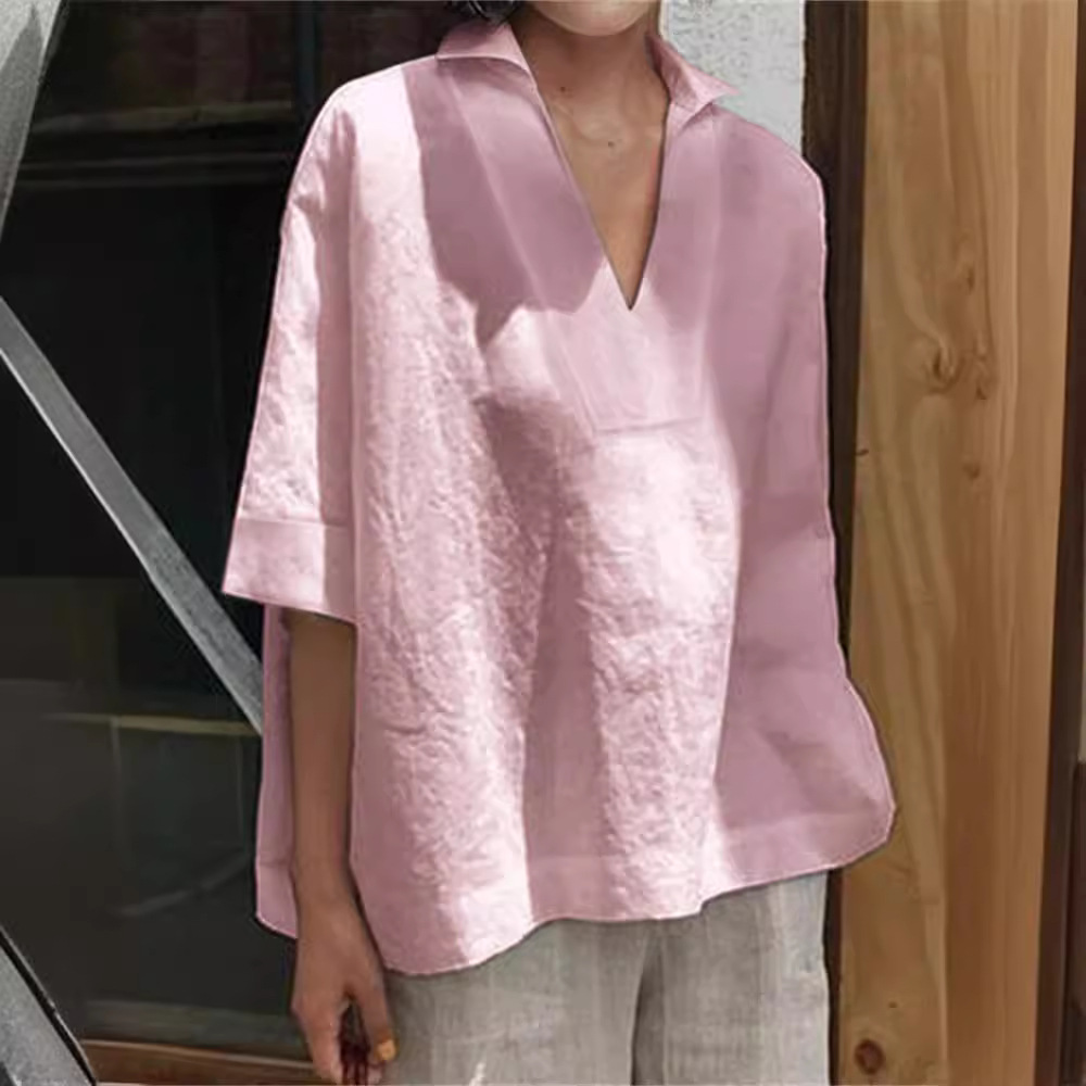 2026 Spring/Summer Amazon European and American Cross-Border V-Neck Cotton Linen Versatile Solid Color Plus Size Loose Mid-Sleeve Women's Shirt - Image 4